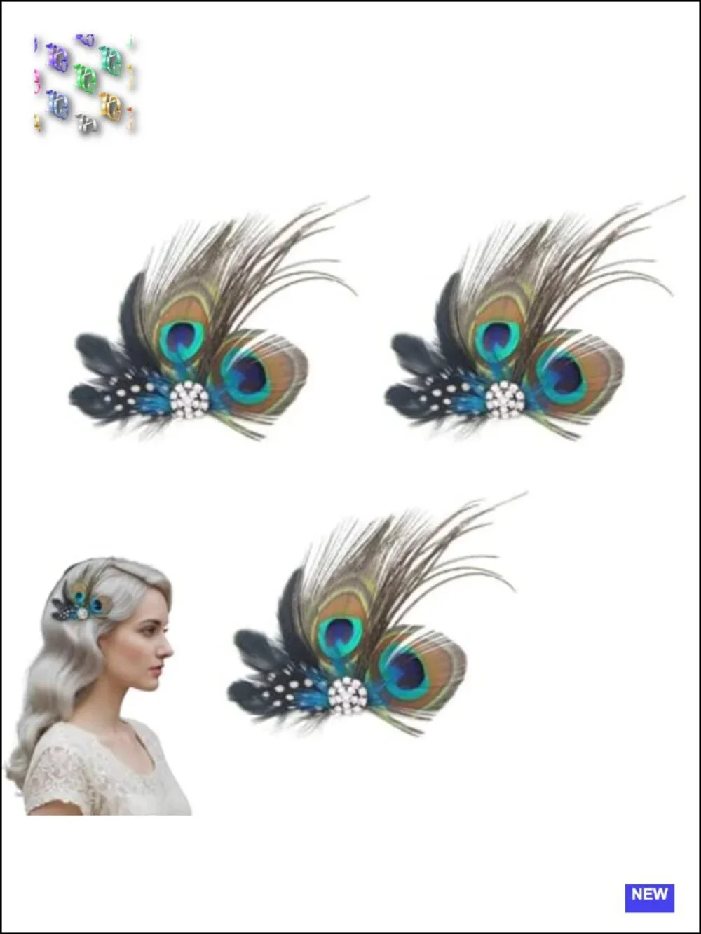 3pcs Butterfly Faux Peacock Feather Hair Clip Rhinestone Hair Accessory